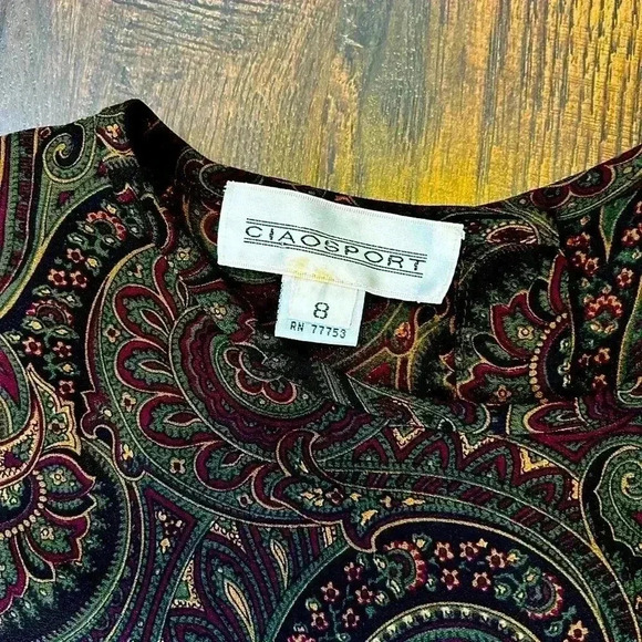 Ciao Sport Vintage Womens 8 Silk Brown Paisley‎ Scarf Long Sleeve Button Blouse - Picture 9 of 14